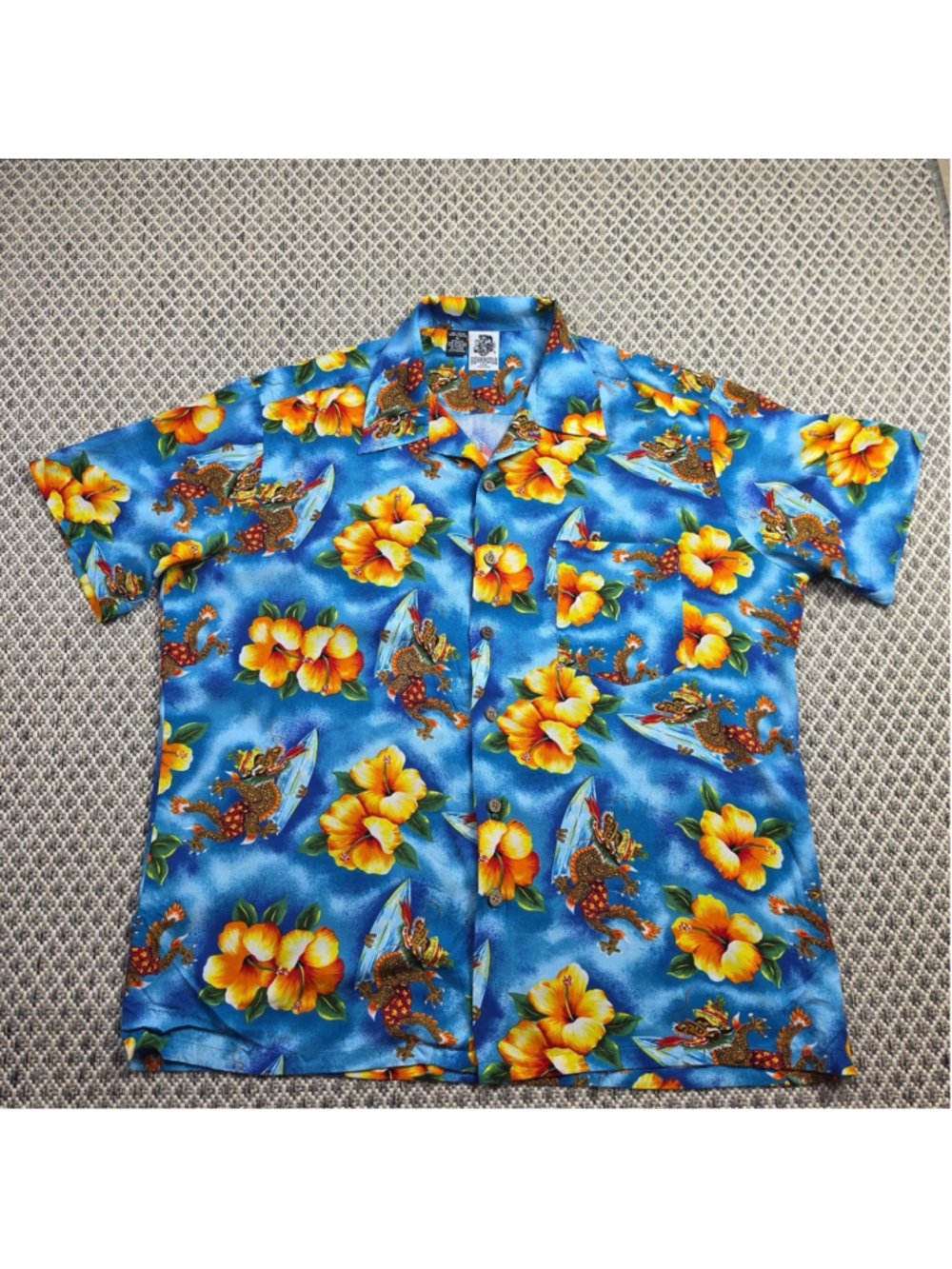 Vintage Kennington Hawaiian Shirt Mens XL Blue Rayon Surfing Dragon Hibiscus